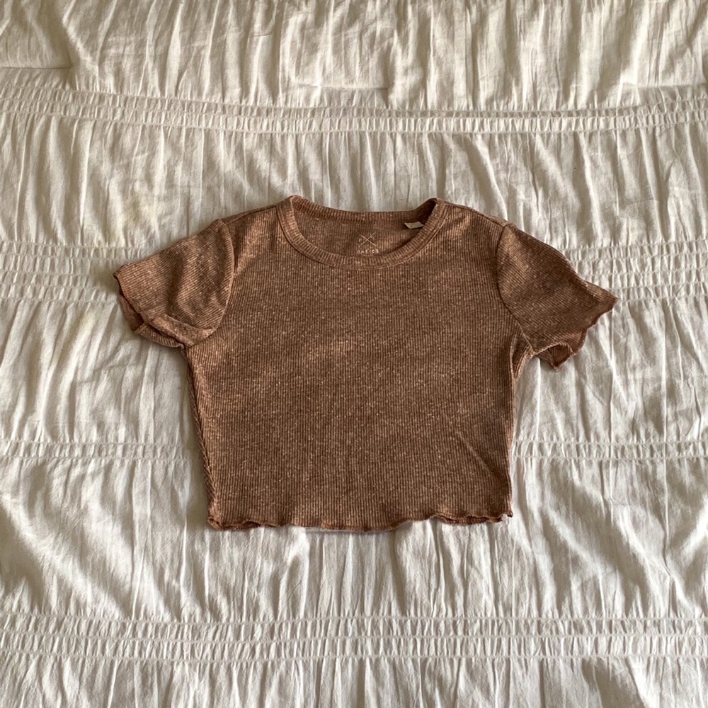 PACSUN BASICS Brown Ribbed Cropped Short Sleeve T-shirt Women’s Extra-small